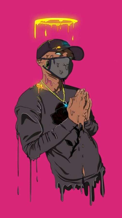 A masked figure with a dripping halo clasps hands against a pink background. — Cool Drip Wallpaper