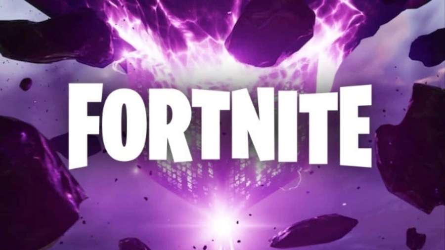 Fortnite logo with purple cosmic background and floating rocks — Cool Fortnite Logo Wallpaper