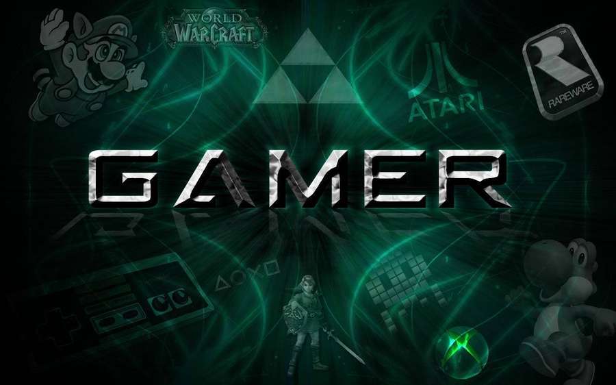Gamer text with classic game characters and logos on a glowing green background. — Cool Gaming Wallpaper