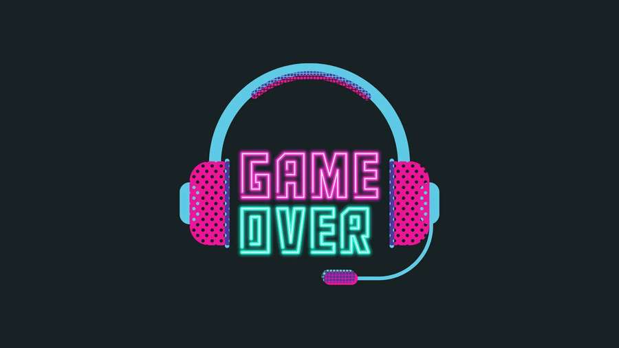 Headset gamer rosa neon e ciano com texto 'GAME OVER' brilhando em fundo escuro. — Cool Gaming Desktop Papéis de Parede