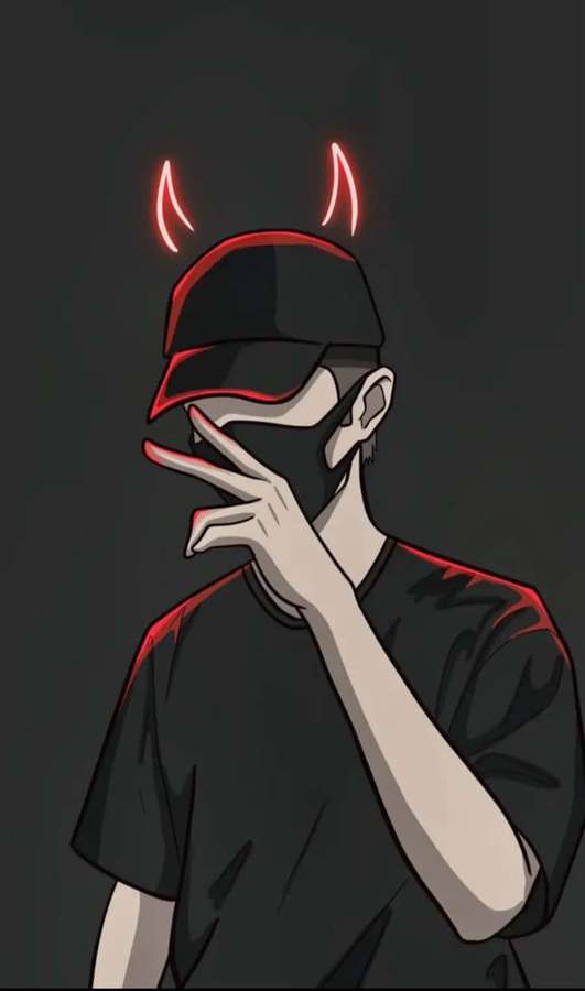 Anime character with red devil horns and mask making peace sign. — Cool Guy Wallpaper