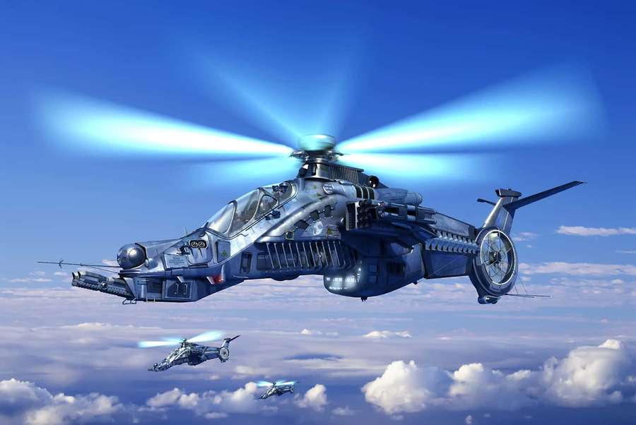 Three futuristic military helicopters flying above clouds with glowing rotors. — Cool Helicopter Wallpaper