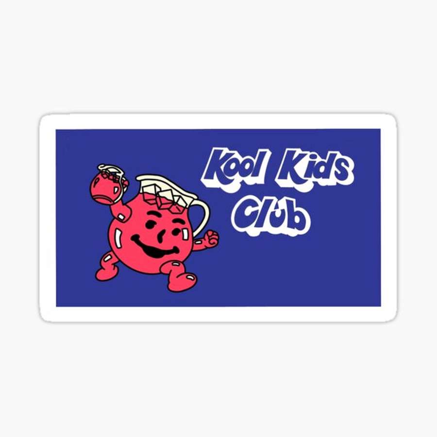 Rotes Kool Aid-Maskottchen tanzt mit 'Kool Kids Club'-Text auf blauem Hintergrund. — Cool Hintergrundbild