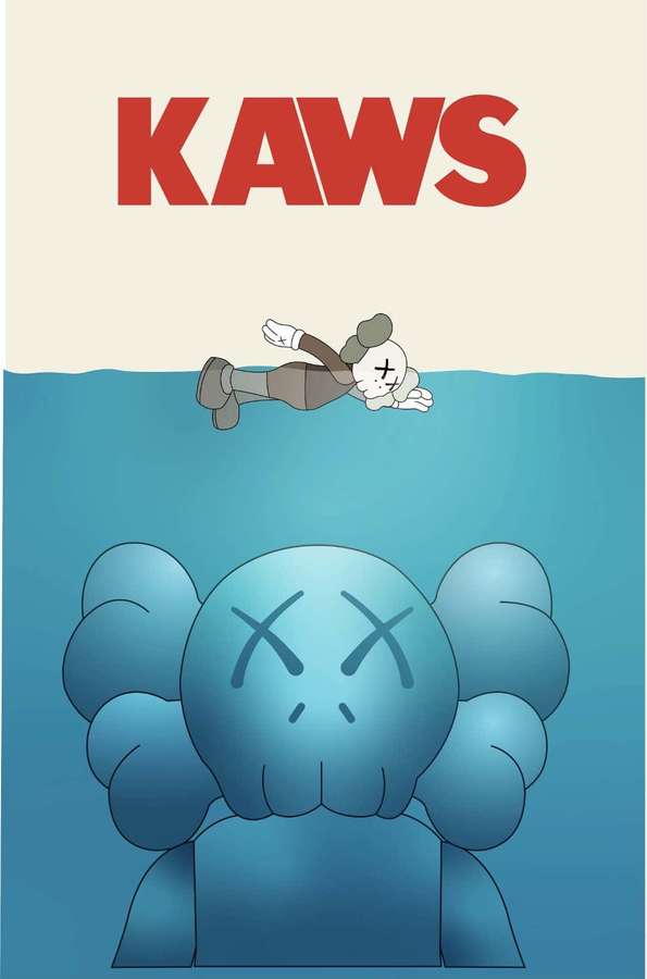 KAWS character floating above water with a larger blue KAWS figure submerged below. — Cool Kaws Background