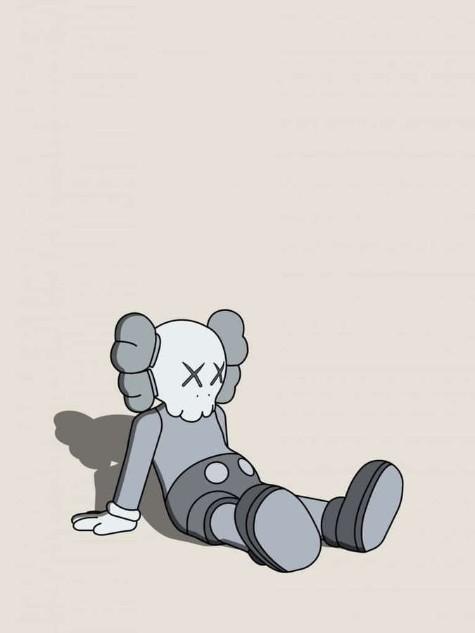 Gray KAWS figure sitting on beige floor with shadow — Cool Kaws Wallpaper