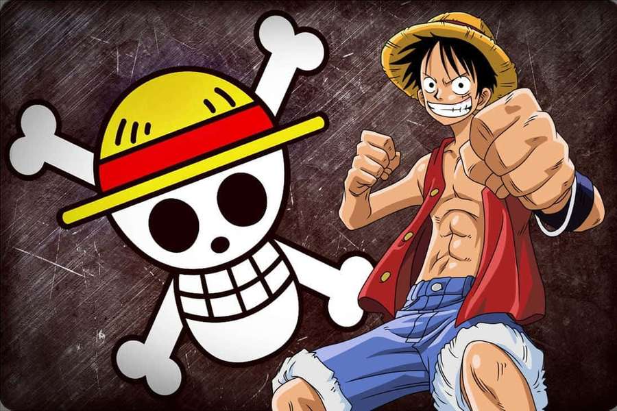 Anime pirate with straw hat and red vest punches beside skull and crossbones logo. — Cool Luffy Wallpaper