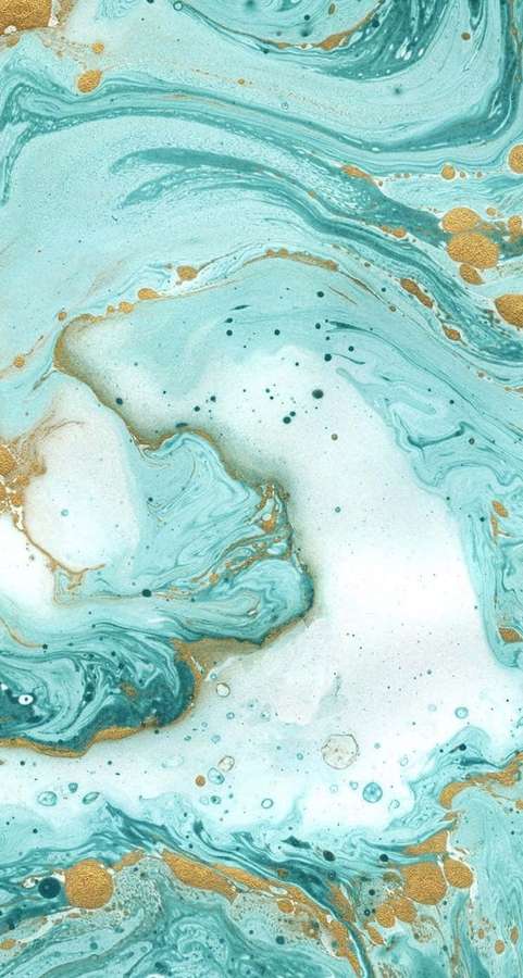 Abstract fluid art with turquoise gold and white swirls and speckles — Cool Marble Wallpaper