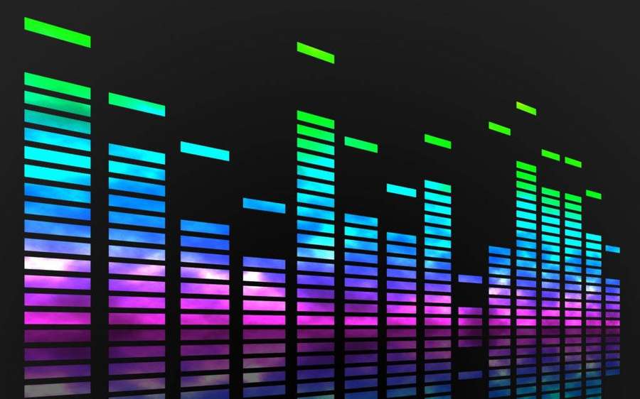 Colorful audio equalizer bars glowing against a dark background. — Cool Music Wallpaper