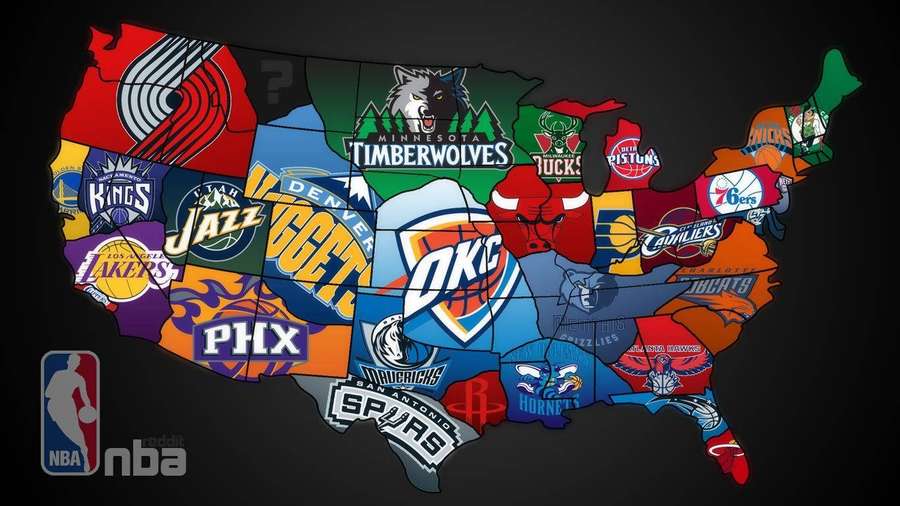 USA-kartta, jossa NBA-joukkueiden logoja jokaisessa osavaltiossa. — Cool NBA Taustakuvat
