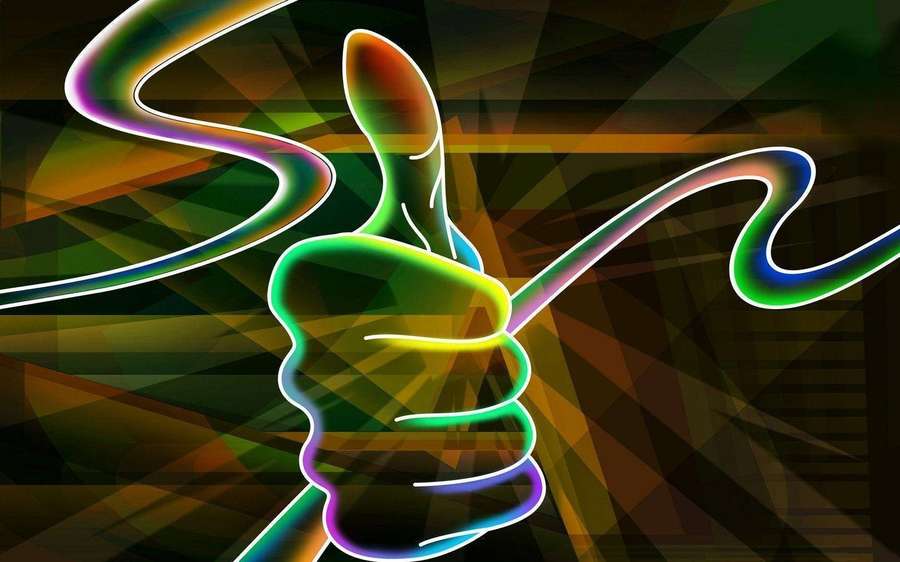 Neon glowing thumbs up hand with colorful light trails on dark background — Cool Neon Background