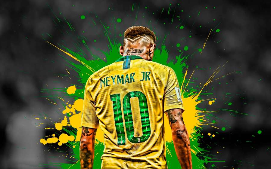 Neymar Jr in Brazil soccer jersey with paint splatters behind him. — Cool Neymar Jr Wallpaper