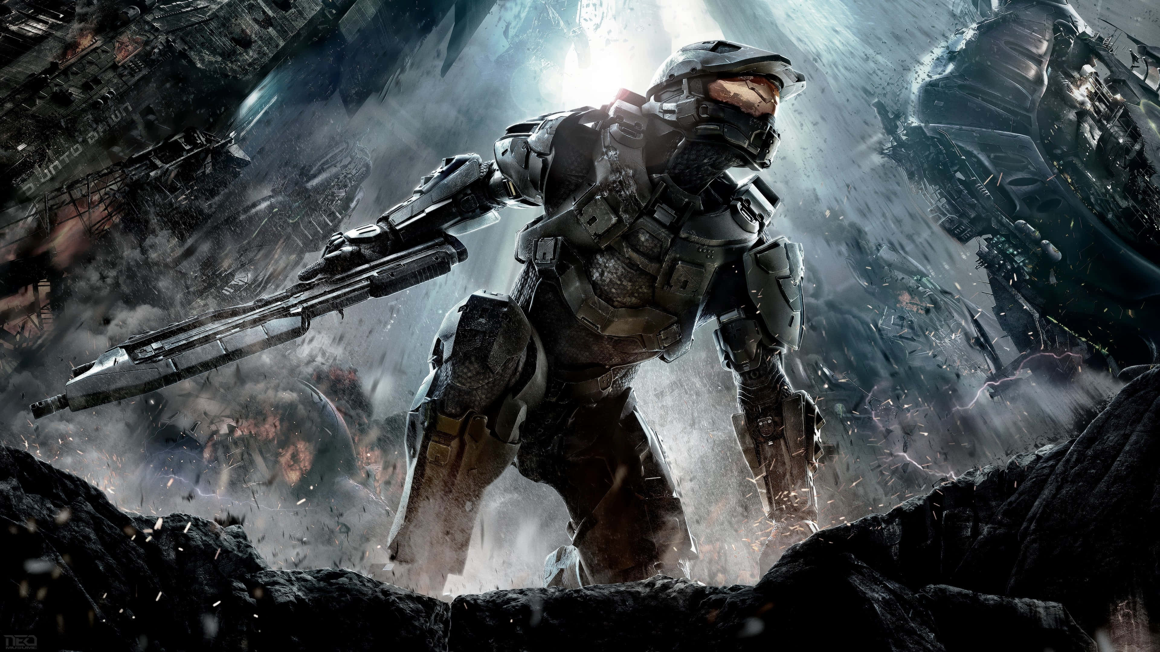 Spartan soldier in combat gear holding a rifle on a ruined battlefield. — Cool Picture