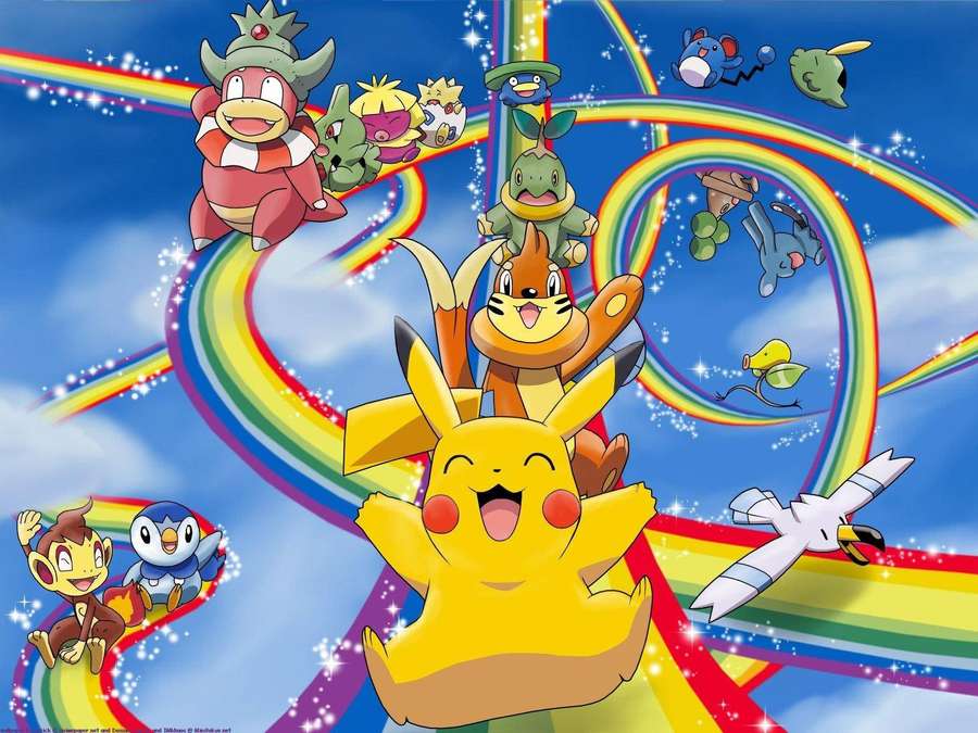 Pikachu and Pokémon friends sliding down colorful rainbows in a bright sky. — Cool Pokemon Background