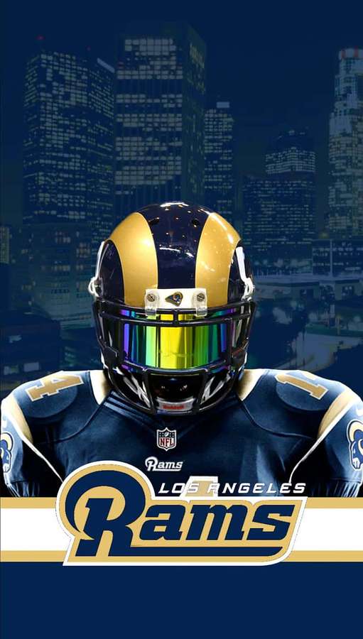 Football player in Rams uniform against city skyline at night — Cool Rams Wallpaper