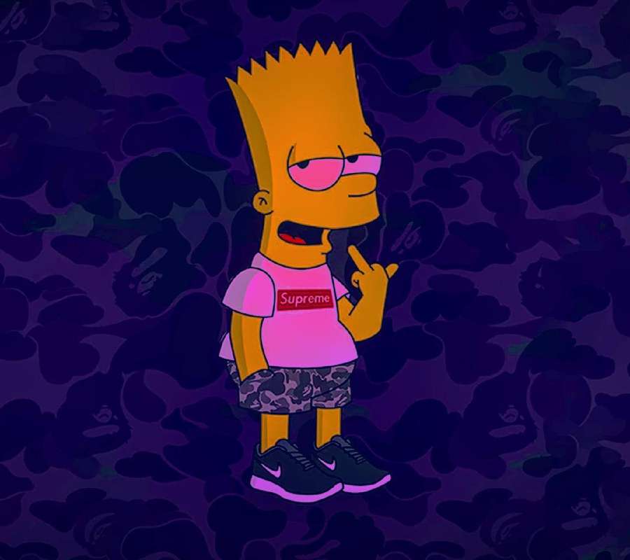 Bart Simpson in pink Supreme shirt and camo shorts making a rude gesture. — Cool Simpsons Background