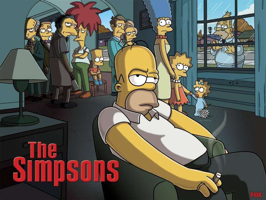 Homer Simpson sits in a chair with his family and neighbors in a rainy living room. — Cool Simpsons Wallpaper