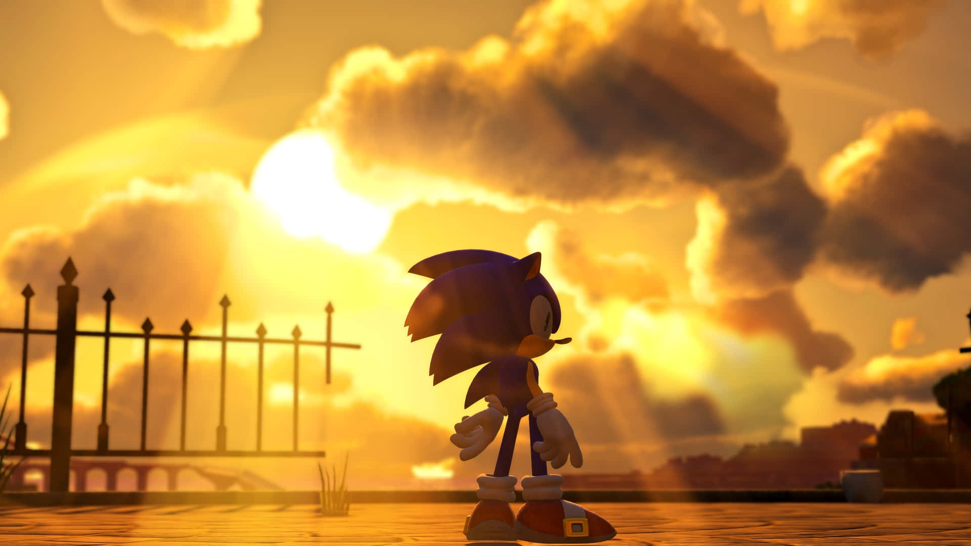 Sonic the Hedgehog seisoo katolla auringonlaskun aikaan dramaattisten pilvien ja auringonsäteiden takanaan. — Cool Sonic Taustakuvat