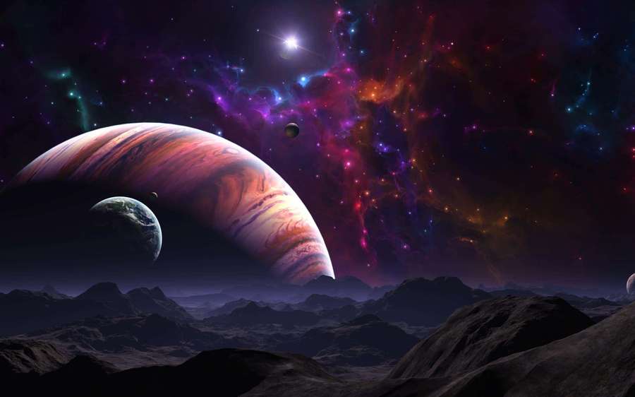 Alien mountains under a giant planet and colorful nebula in space. — Cool Space Background
