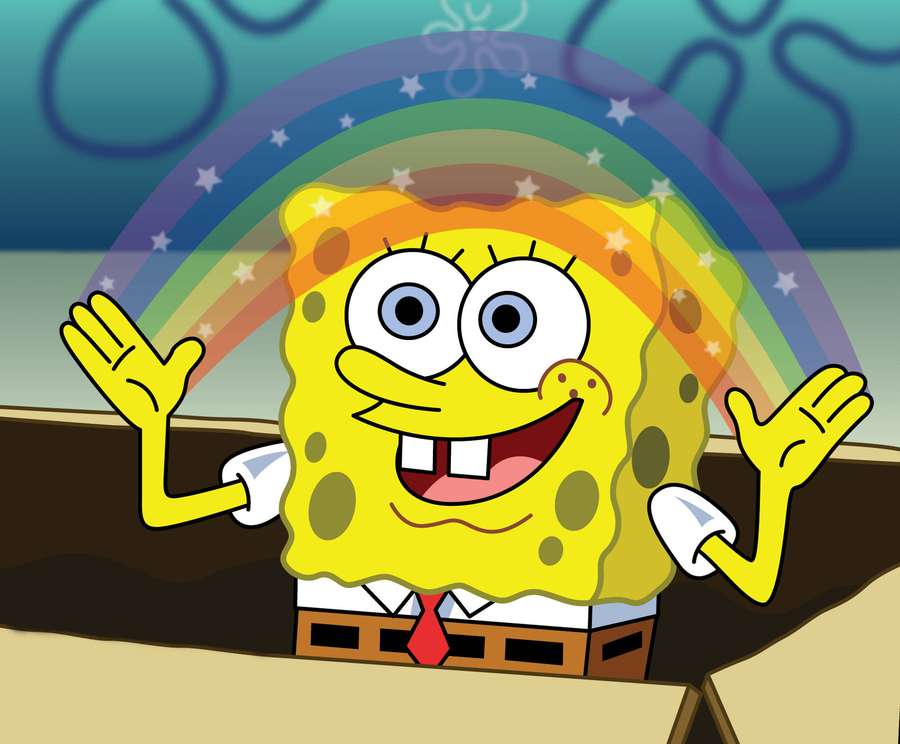SpongeBob SquarePants waves cheerfully under a rainbow in his office. — Cool Spongebob Picture