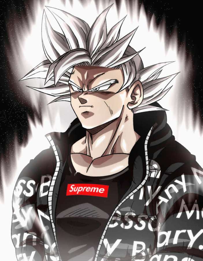 Anime warrior with silver hair and Supreme hoodie radiating energy. — Cool Supreme Anime Background