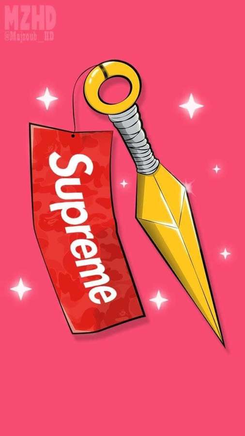 Golden kunai knife with red Supreme tag on pink background with sparkles. — Cool Swag Wallpaper