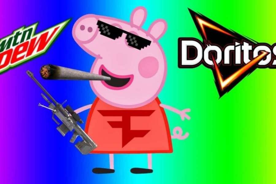 Peppa Pig med solbriller og riffel mod en regnbuebaggrund med Mountain Dew- og Doritos-logoer. — Cool Wallpapers