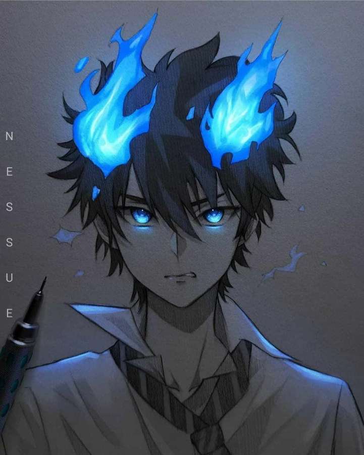 Anime-Figur mit blauen Flammenhörnern und glühenden Augen in Schuluniform. — Cooler Anime Wallpaper