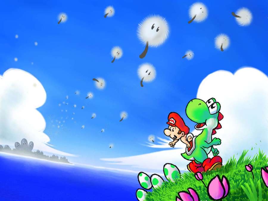 Mario und Yoshi rennen auf einem grasbewachsenen Hügel mit Löwenzahnflaum, der am Himmel schwebt. — Cooler Mario Wallpaper