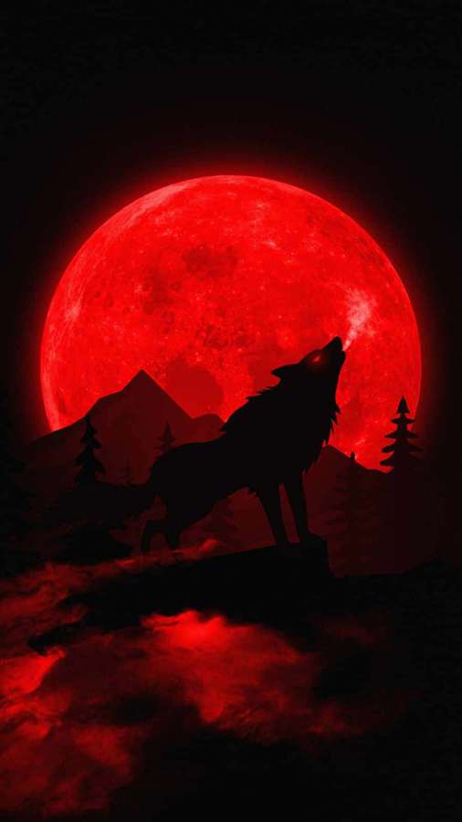 Wolf heult bei Nacht einen roten Mond über Bergen und Bäumen an. — Cooler Mond Wallpaper