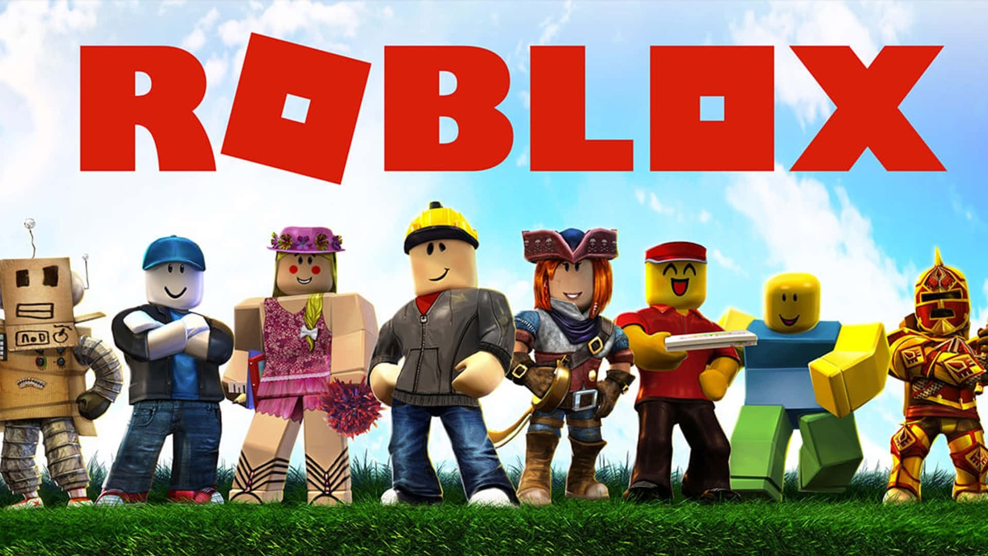 Roblox-Avatare in bunten Outfits stehen auf Gras unter blauem Himmel mit rotem Logo. — Cooler Roblox Wallpaper