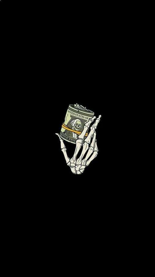 Skeletthand hält eine Rolle US-Ein-Dollar-Scheine auf schwarzem Hintergrund. — Cooles Geld Wallpaper