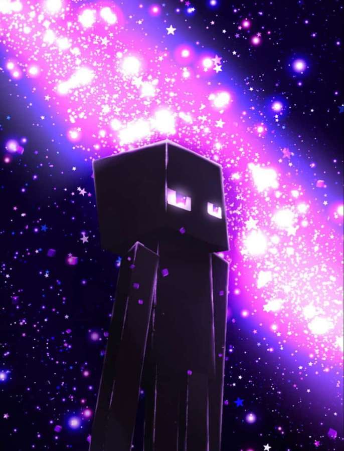 Schwarzer Enderman-Charakter aus Minecraft, der in einem lila Sternenhimmel-Hintergrund mit glühenden Partikeln steht. — Cooles Minecraft Wallpaper