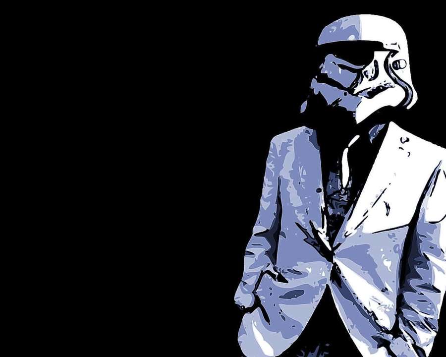 Stormtrooper in suit against black background with blue and white graphic shading. — Coolest Star Wars Wallpaper