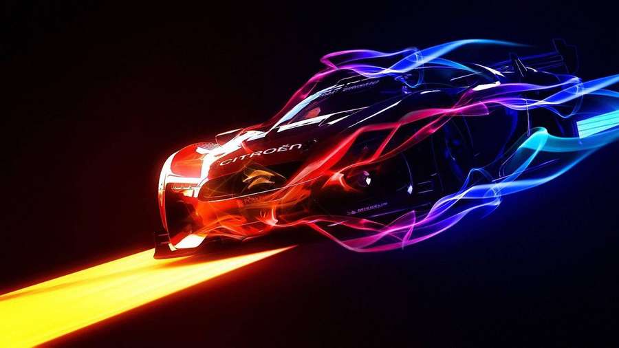 Futuristinen Citroën- kilpa-auto hehkuvine neonenergiajuovineen mustaa taustaa vasten. — Coolin Desktop Taustakuvat