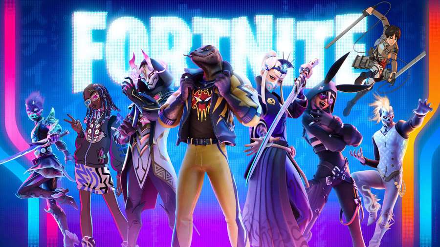 Fortnite game characters posing in neon-lit digital scene. — Cooperative Gameplay Wallpaper