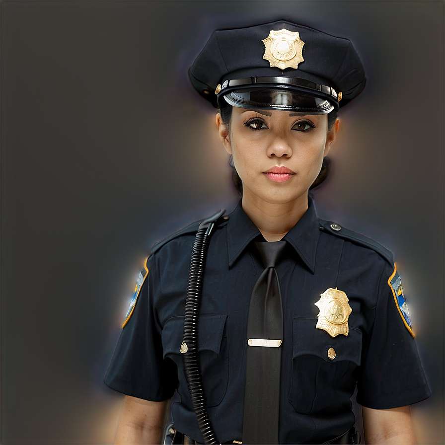 A female police officer in uniform with badge and cap looking directly at camera. — Cop PNG