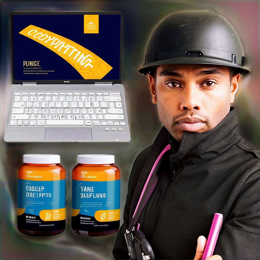 Man in hard hat holding pink pen next to laptop and supplement bottles. — Copy PNG