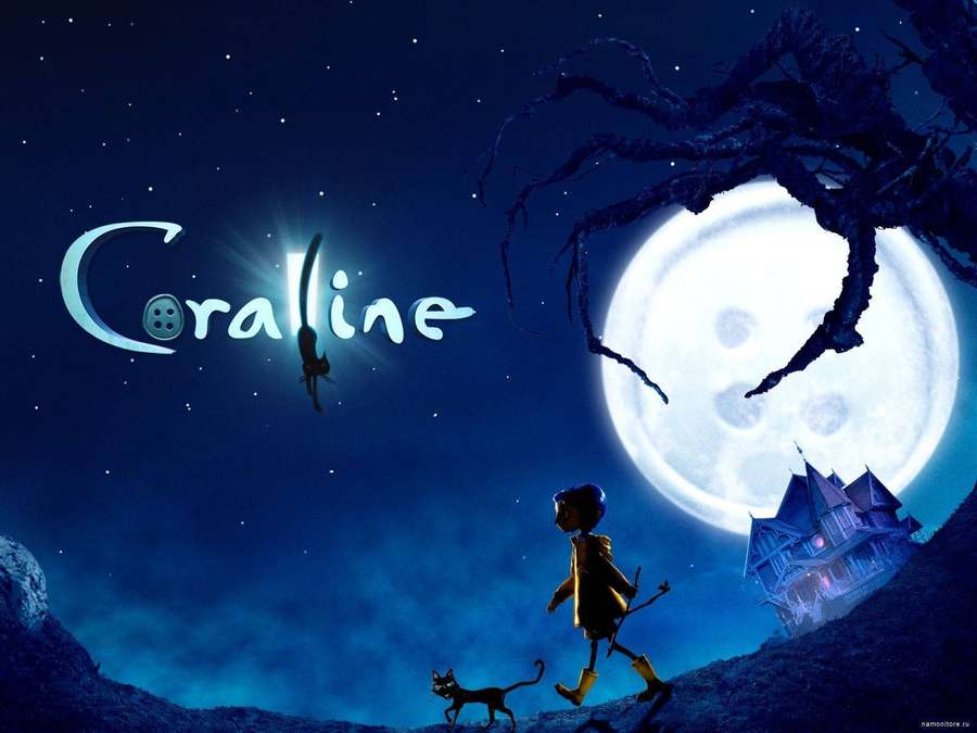 A child and cat walking toward a haunted house under a giant moon. — Coraline Wallpaper
