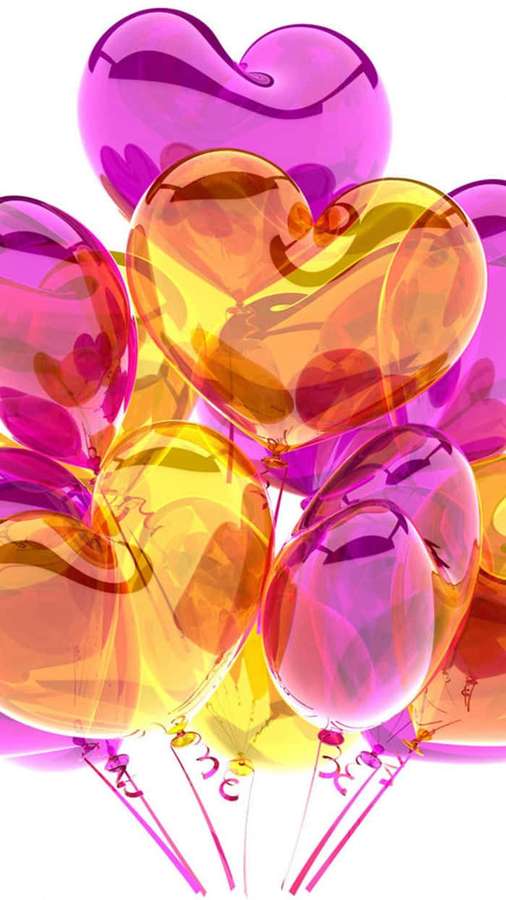 Grupo de globos brillantes en forma de corazón en rosa y naranja flotando sobre blanco. — Corazón amarillo Fondos de pantalla