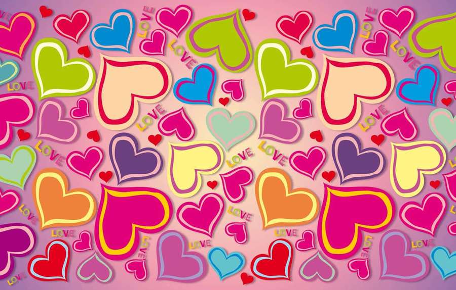 Un patrón alegre de corazones multicolores con la palabra love escrita dentro. — Corazón arcoíris Fondos de pantalla