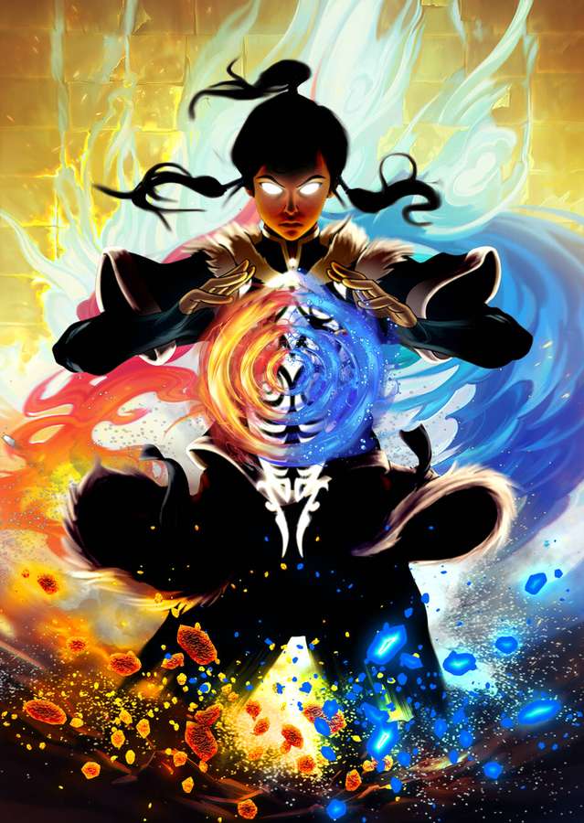 Personagem de anime empunhando magia de fogo e água em uma postura de batalha brilhante. — Coréia Papéis de Parede