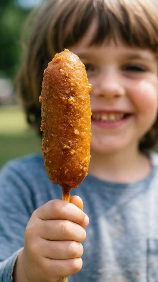 A child's hand holding a corn dog, with a happy blurry background. — Corn Dog Wallpaper