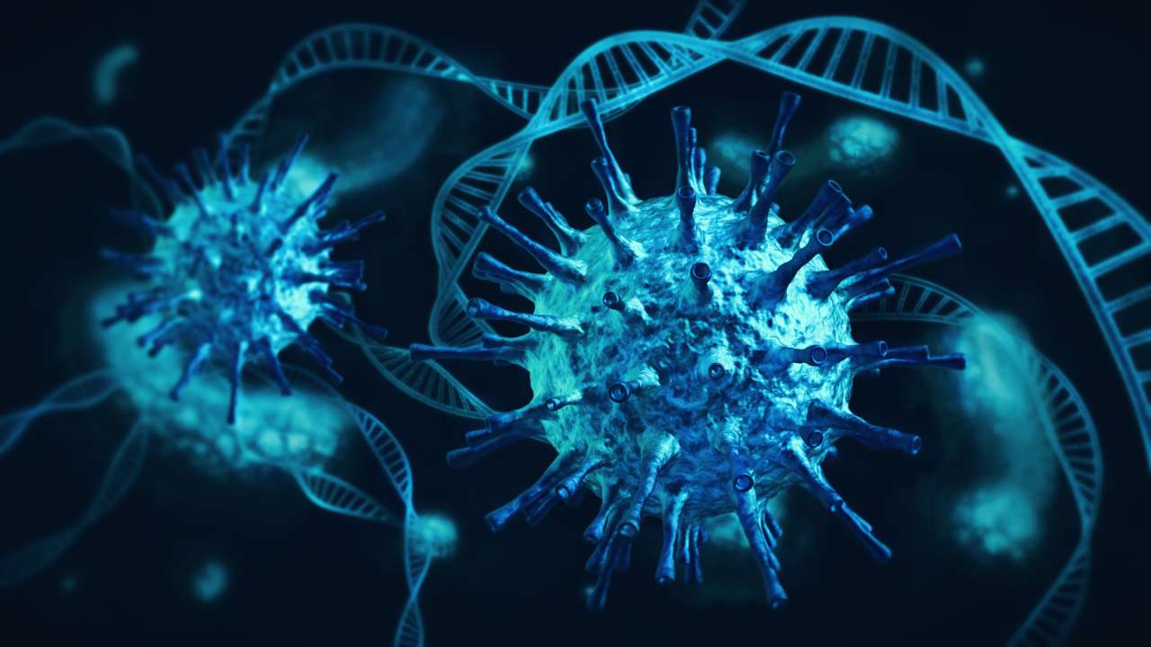 Blue glowing virus particles surrounded by DNA strands in a dark scientific scene. — Coronavirus Background
