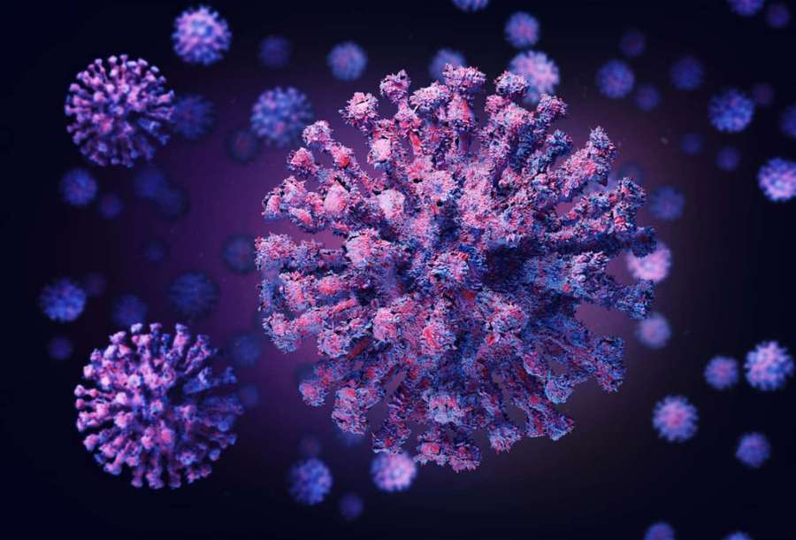 Nahaufnahme von leuchtenden Viruspartikeln in Lila und Pink vor dunklem Hintergrund. — Coronavirus Bilder