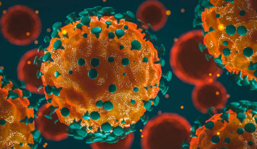 Orangefarbene Viruspartikel mit blaugrünen Stacheln, die in einem dunkelblaugrünen Raum schweben. — Coronavirus Wallpaper