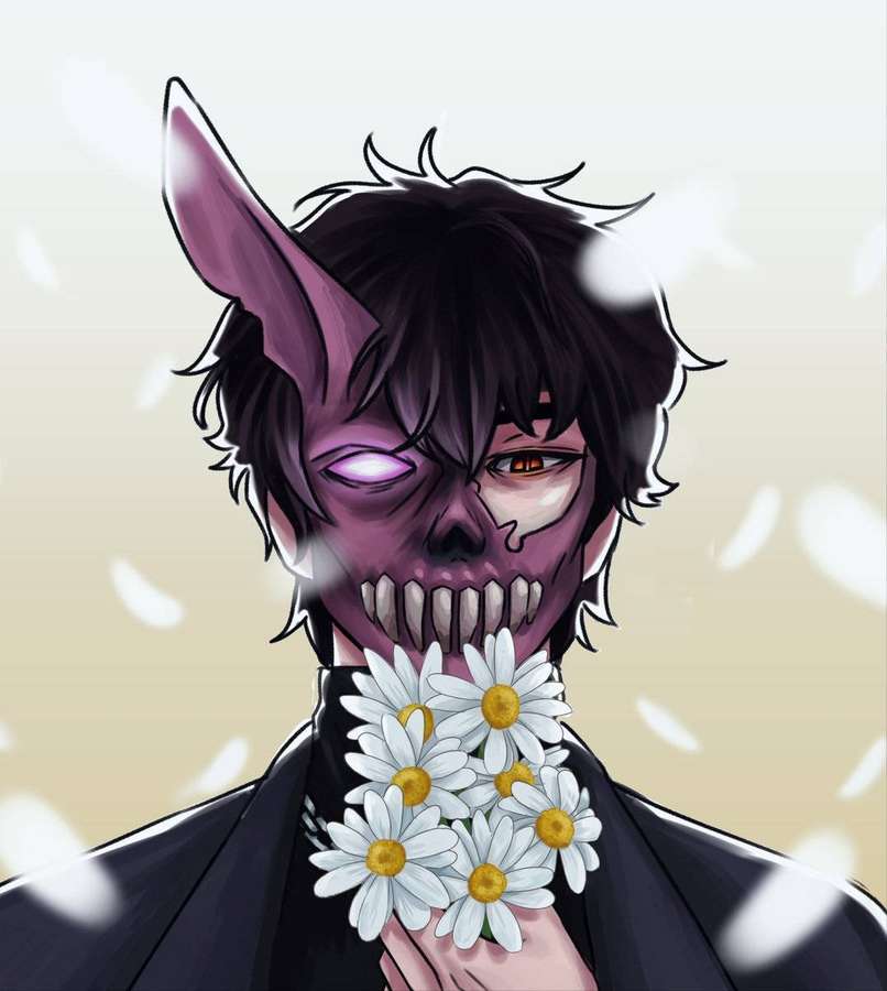 Anime character with skull face and bat ears holding daisies in falling petals. — Corpse Husband Wallpaper