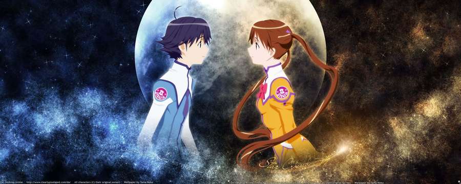 Dua karakter anime saling menatap di bawah bulan yang bersinar di luar angkasa. — Corresponding Wallpaper