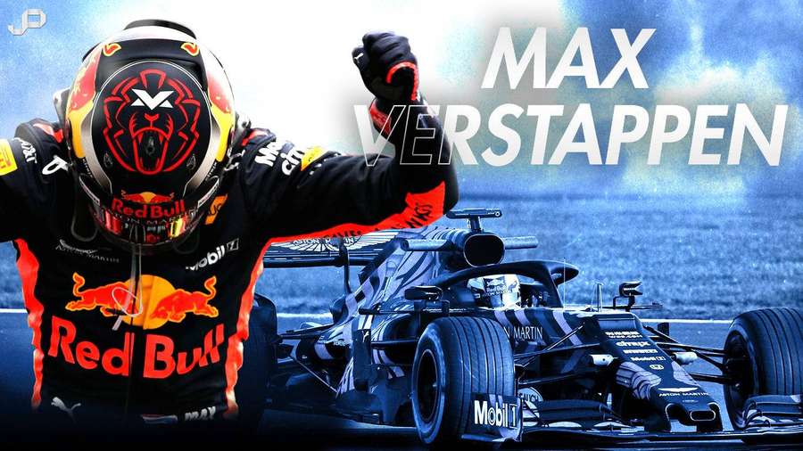 Max Verstappen comemora em seu carro Red Bull F1 em uma pista de corrida. — Carro de corrida Papéis de Parede