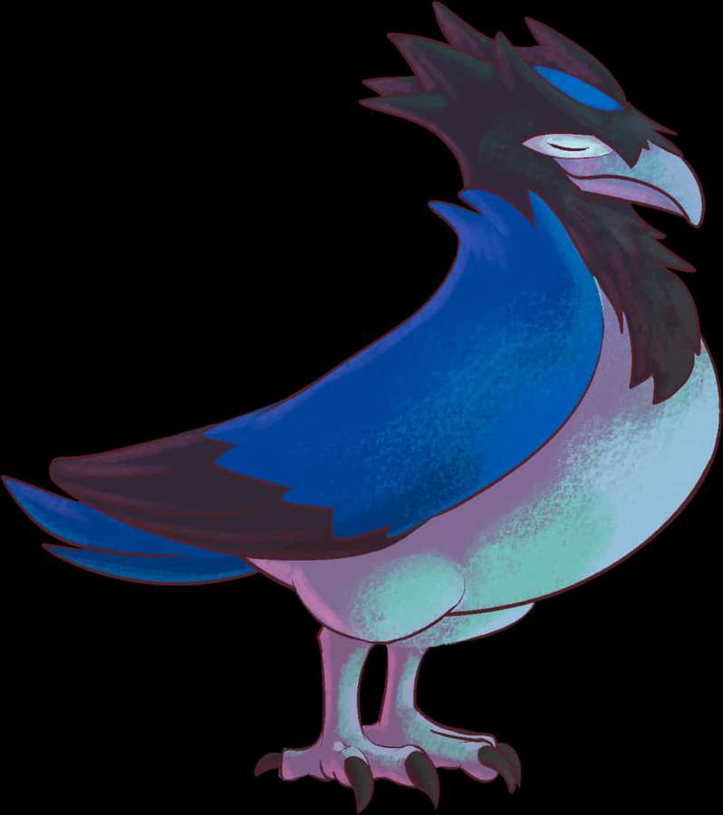 A stylized blue and purple bird with closed eyes and spiky crest standing calmly. — Corvisquire Wallpaper