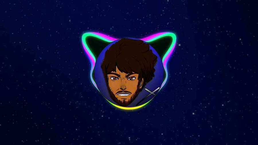 Anime man with beard in glowing cat-eared helmet floating in starry space. — Coryxkenshin Wallpaper